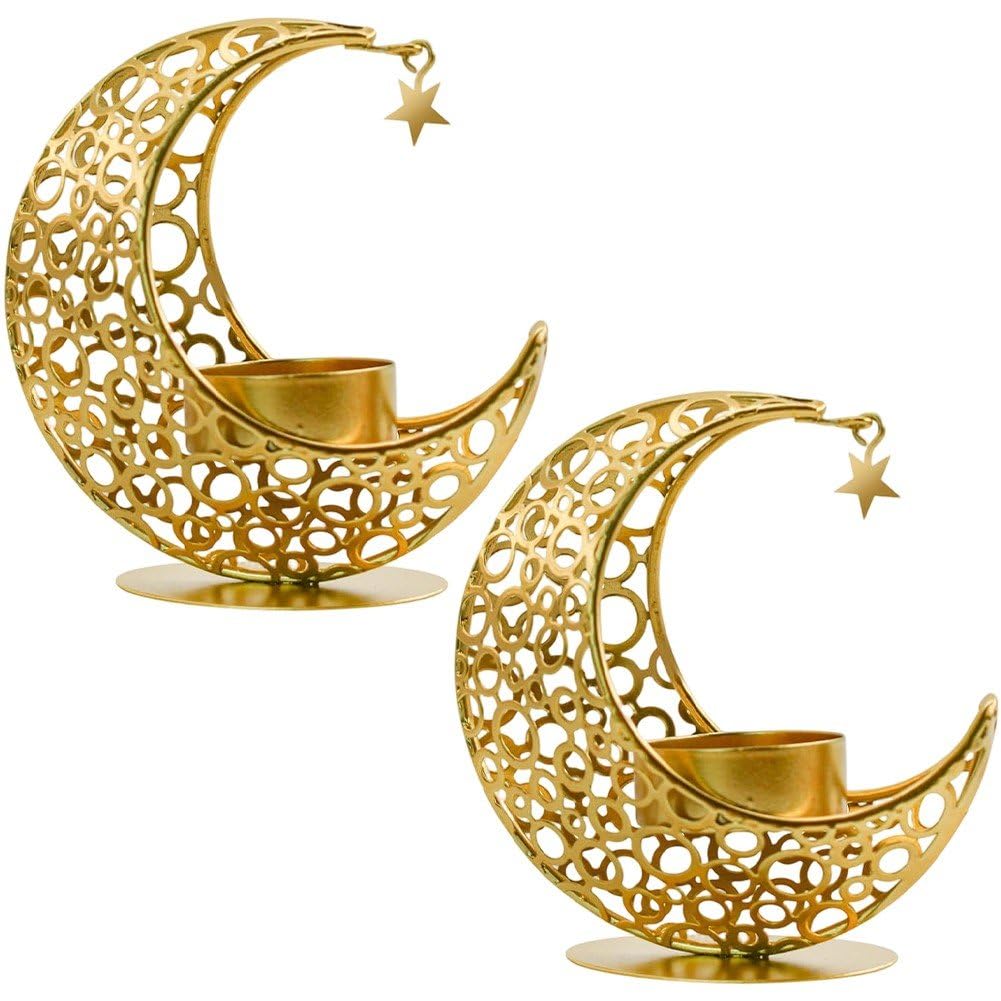 Hrippy 2 Pcs Metal Eid Mubarak Moon Tealight Candle Holder, Decorative Candlestick for Ramadan Household Table Centerpiece