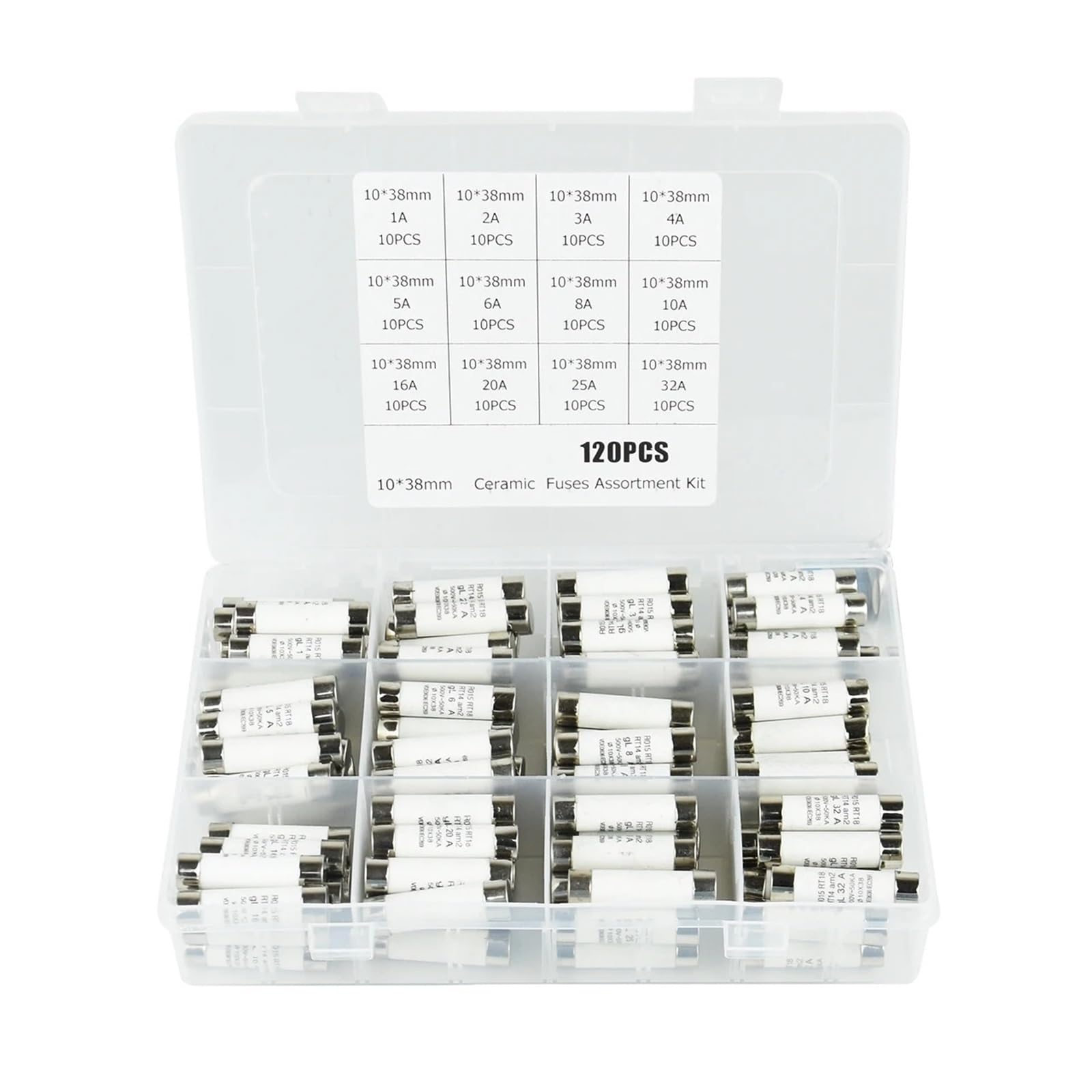 Kit de fusibles en céramique 120 pièces, 12 valeurs, 10 x 38 mm, 500 V, 1-32 A, avec boîte en plastique