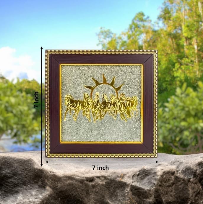 Image of CrystalPurna Original Pyrite 7 Horses Frame for Wealth Money Success & Prosperity | Vastu Seven Running Horses with Rising Sun Wall Decor | Natural Pyrite Crystal Wooden Frame for Home Office Living Room Positive Energy Gift