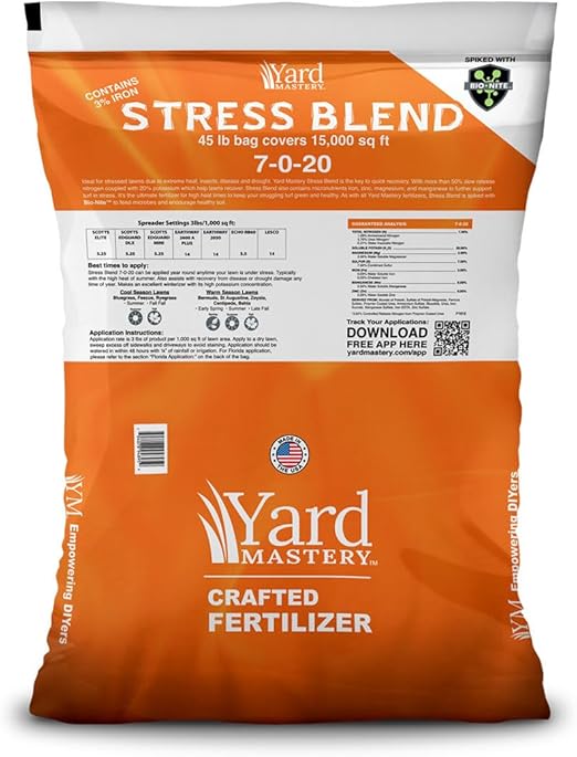 7-0-20 Summer Lawn and Turf Stress Granular Fertilizer Blend (with Bio-Nite 45lb Bag - Covers 15,000 Square Feet - 7% Nitrogen - 3% Iron - 20% Potash - Safe for All Lawns - Apply All Year Round