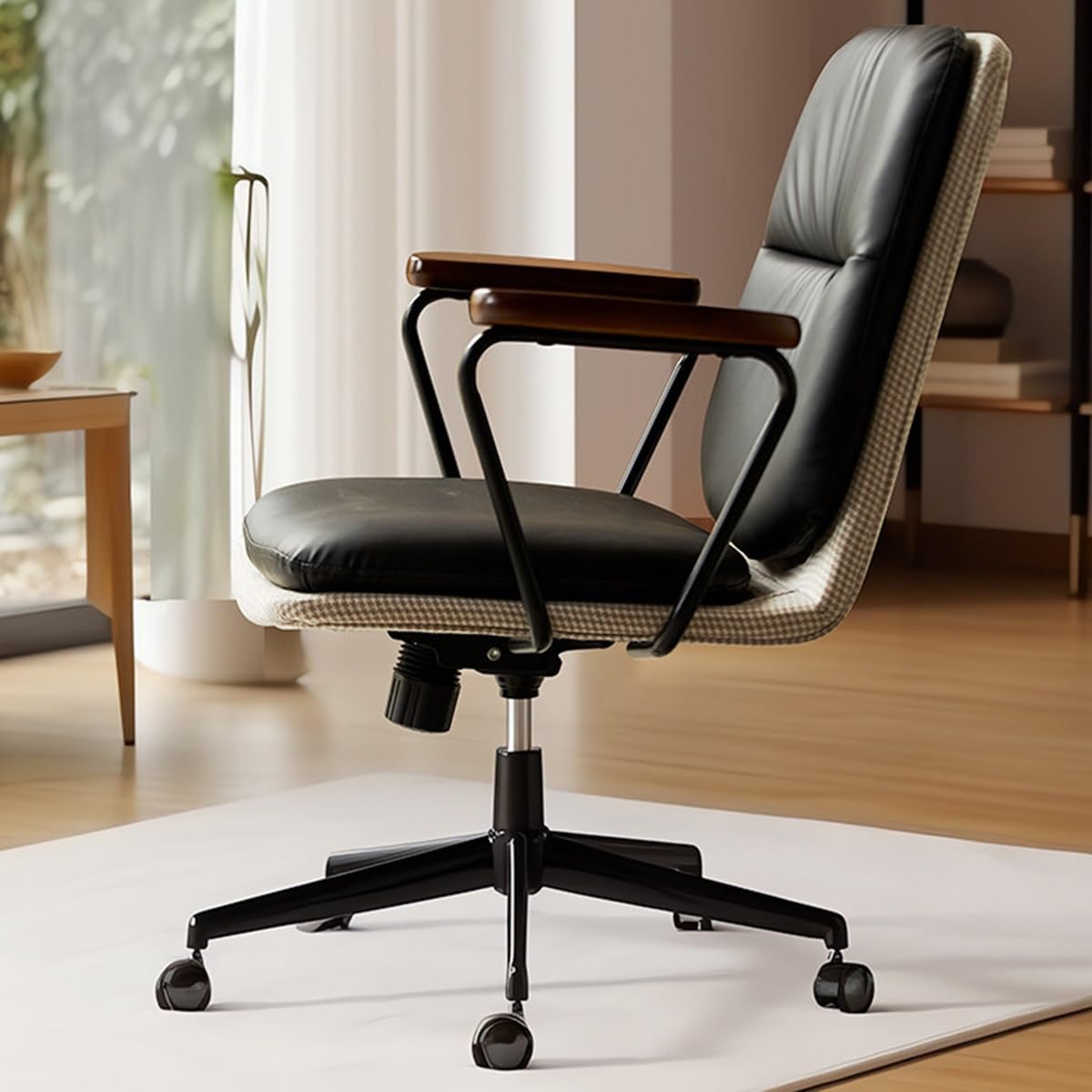 HTTGDGDH Ergonomic Leather Recliner Office Chair - Swivel Rolling Executive Chair With Wooden Arms Ideal For Gaming & Study Compact Design For Small Spaces,Nero-B