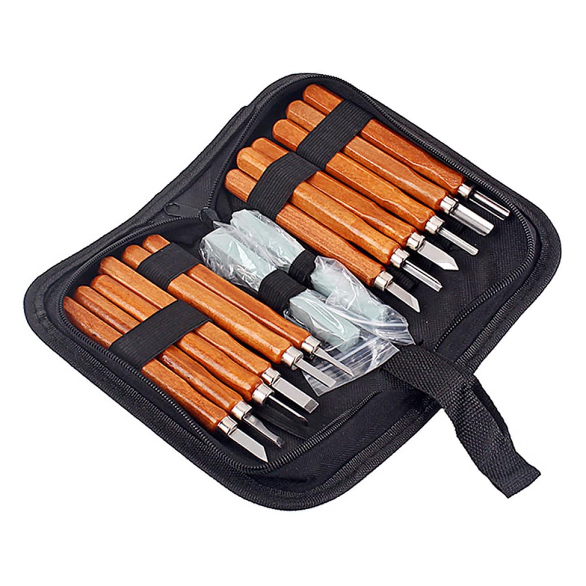 ORFOFE Professionelles Holzschnitzset mit 14 teiligem Meißel und Wetzstein Satz im Canvas Werkzeugbeutel Vielseitig für Holz Speckstein Ton Geeignet für Anfänger und Hobby Handwerker
