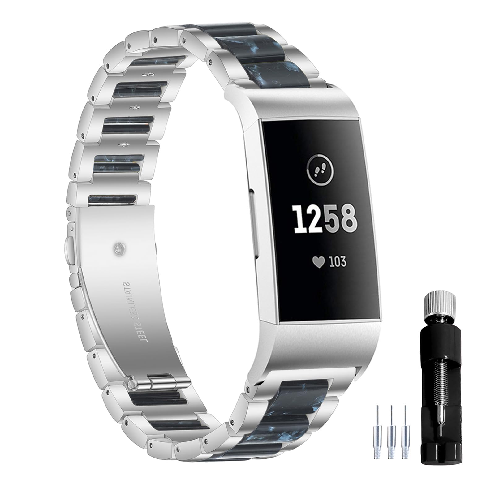 Gheper Resin Stainless Steel Watchband Quick Easy Fit Compatible with Fitbit Charge 4/Charge 3/SE Smartwatch Wristband Replacement Metal Strap for Women Men