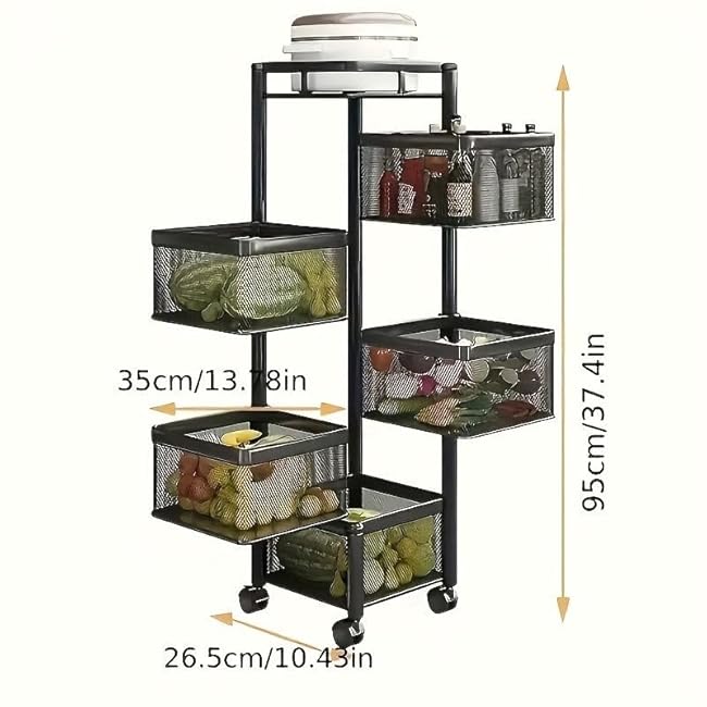 5-Tier Rotating Kitchen Storage Shelf - Square Metal Multi-Layer Fruit Vegetable Basket Organizer on Wheels,Freestanding Storage Rack for Kitchen, Bathroom, Pantry(Black)-eEjM6lRX