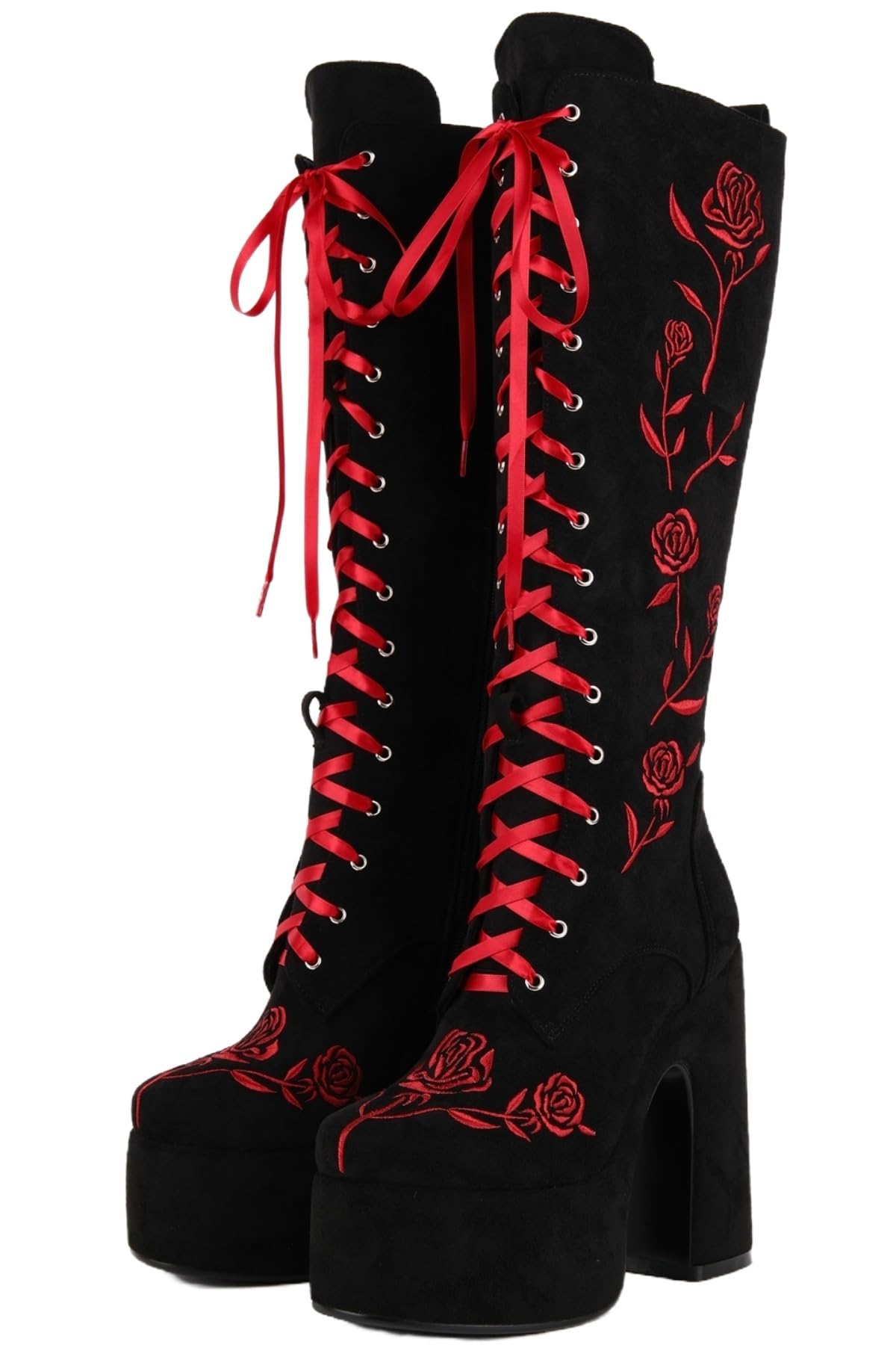 LISHAN Womens Gothic Rose Embroidered Platform Boots Lace Up Chunky Heel Vintage Boot