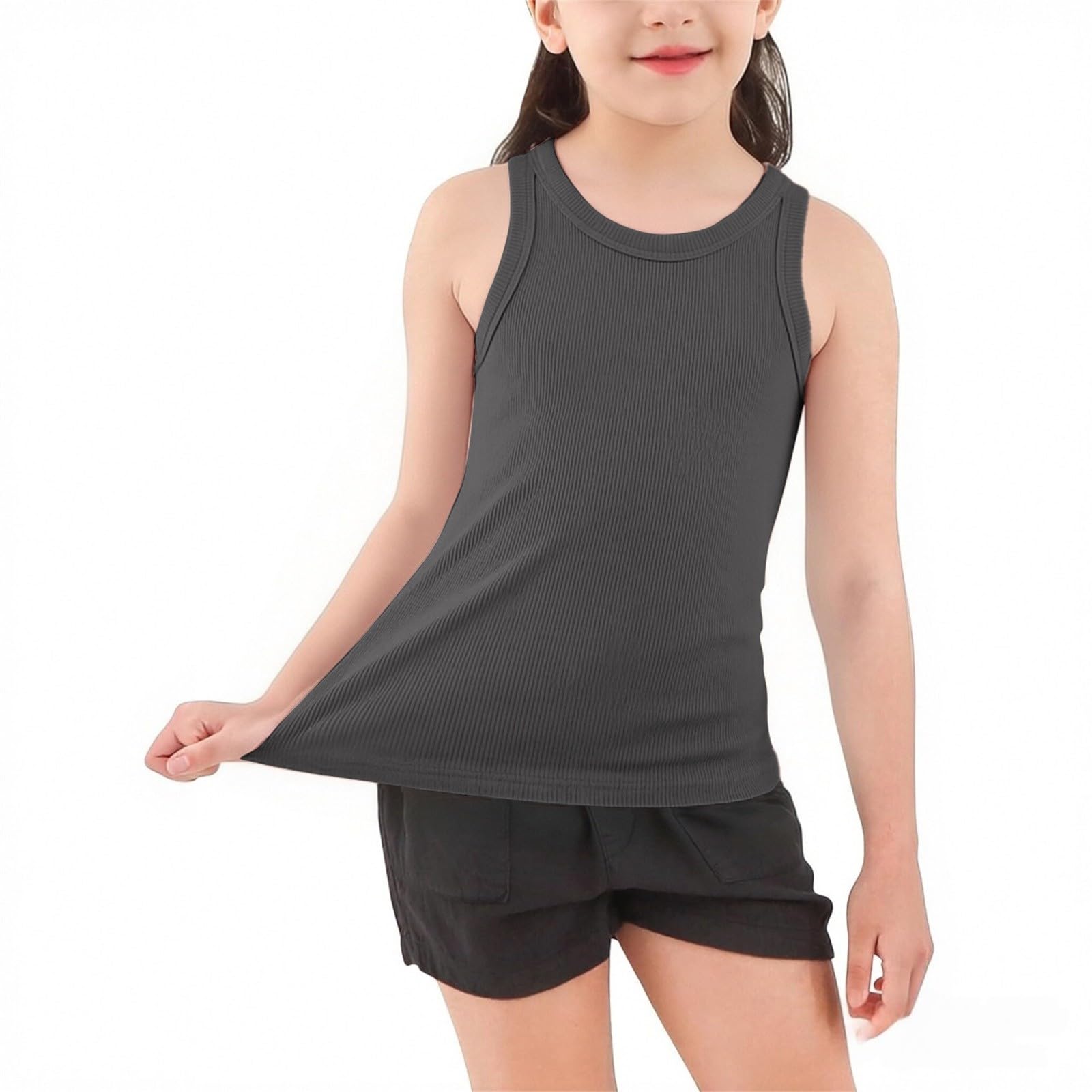 Camiseta sin mangas acanalada para niñas, camiseta corta para verano, cuello redondo, color liso, sin mangas, para ballet, gimnasia, danza