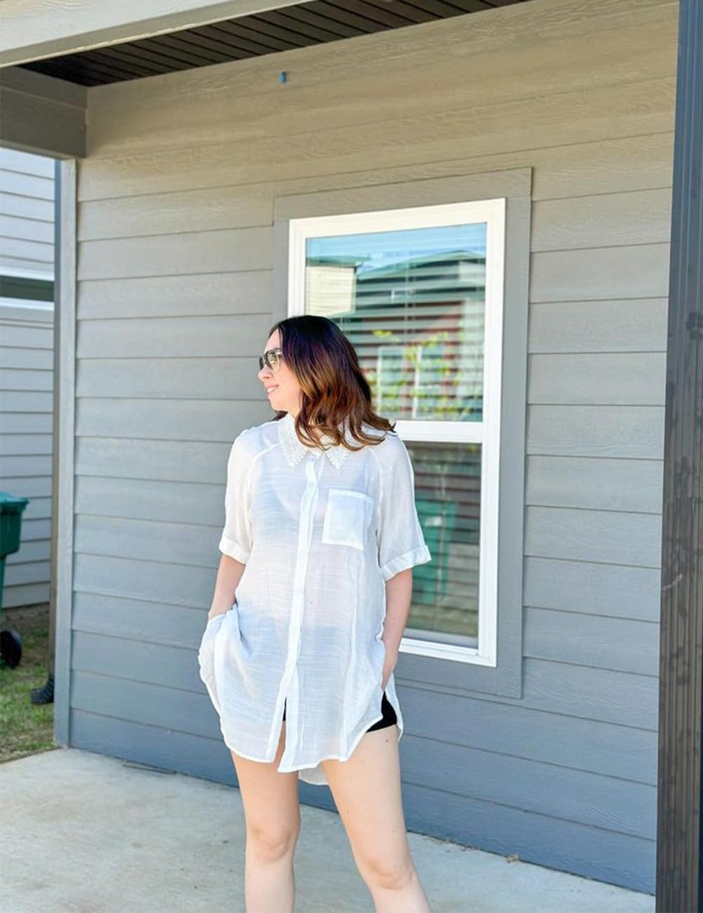 Bsubseach Women Beach Shirt Bathing Suit Cover Up Embroidered Lapel Blouses Button Down Collar Tops - Image 4