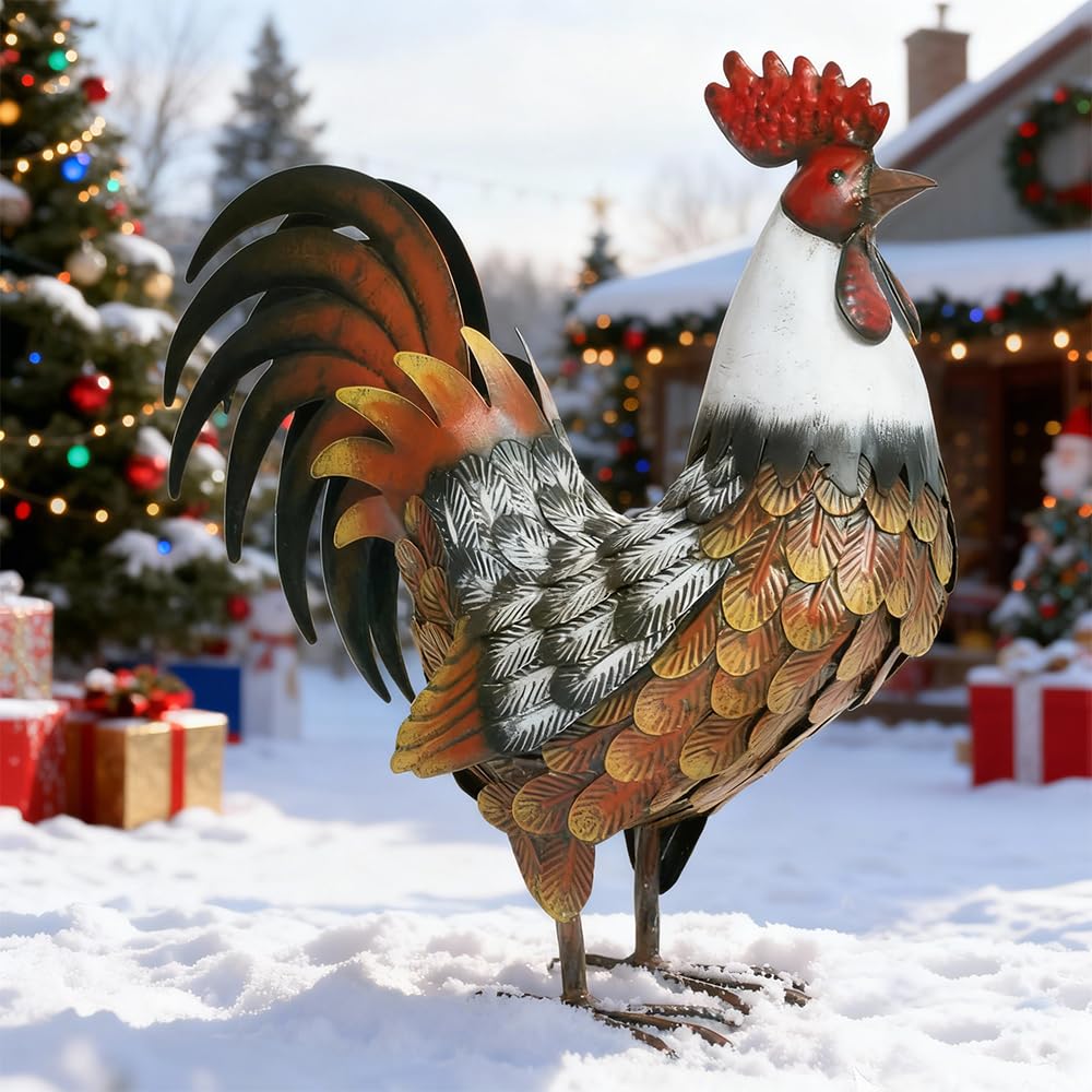 Kircust Garden Rooster Statues & Sculpture, Metal Chicken Animal Yard Art Lawn Ornament Figurines Artwork for Outdoor, Patio,Backyard and Home Kitchen Decoration