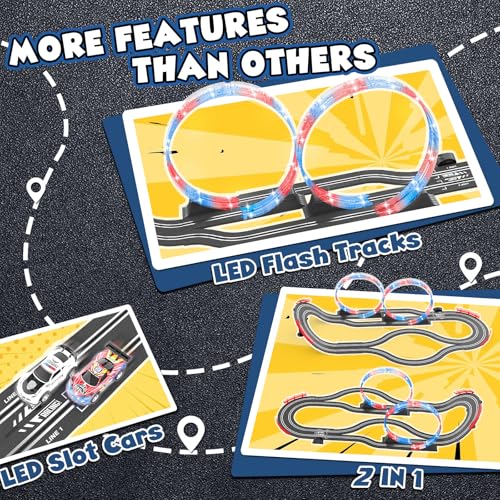 Image of Slot Car Race Track Sets with 4 Slot Cars, 2 in 1 Electric Race Car Track Include Slope Circular Overpass Track, Dual Racing Game Featuring Flash Tracks, Gifts Toys for Boys Kids Age 6 7 8-12