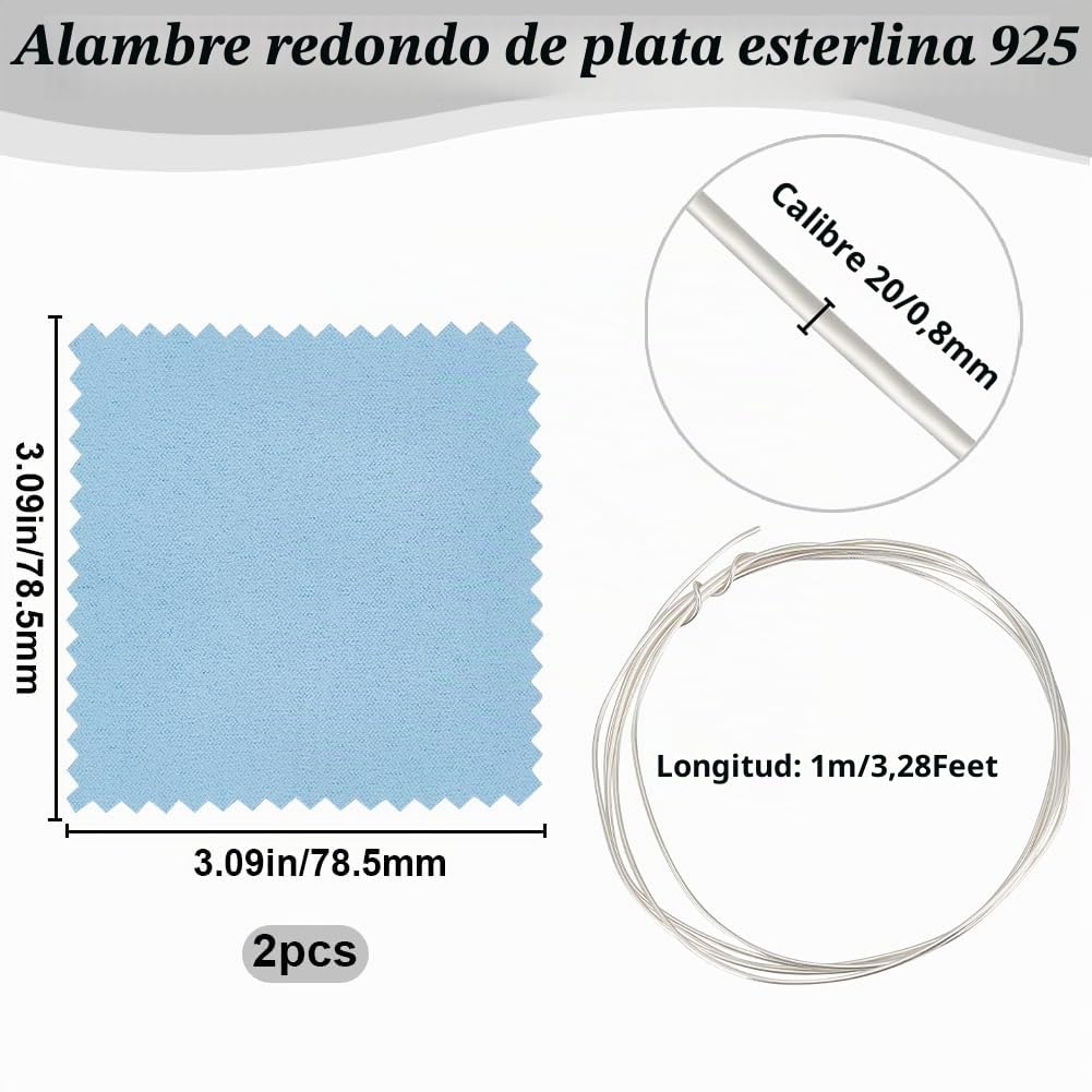 Beebeecraft Alambre de Plata de Calibre 20 de 0.8 mm Alambre de Plata de Ley 925 Redondo de 1 M para Joyería Artesanal con 2 Piezas de Paño de Pulido de Gamuza para Envoltura