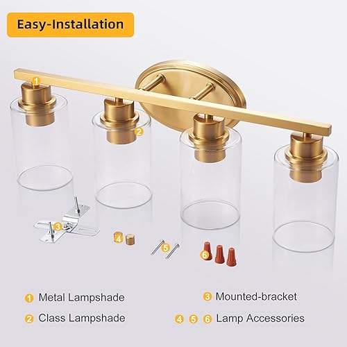 Miniatura 8 de Lámparas de tocador de baño sobre el espejo, 4 lámparas de baño de oro cepillado con vidrio transparente, moderna lámpara de tocador para baño,