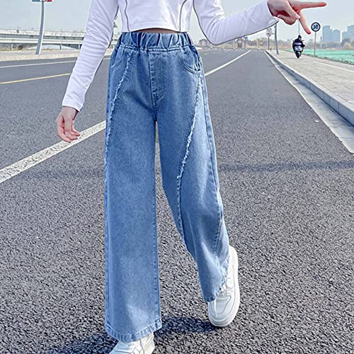 Kids Girls Casual Skinny Jeans Pants Elastic Waist Denim Pants Straight Loose Wide Leg Baggy Pants3
