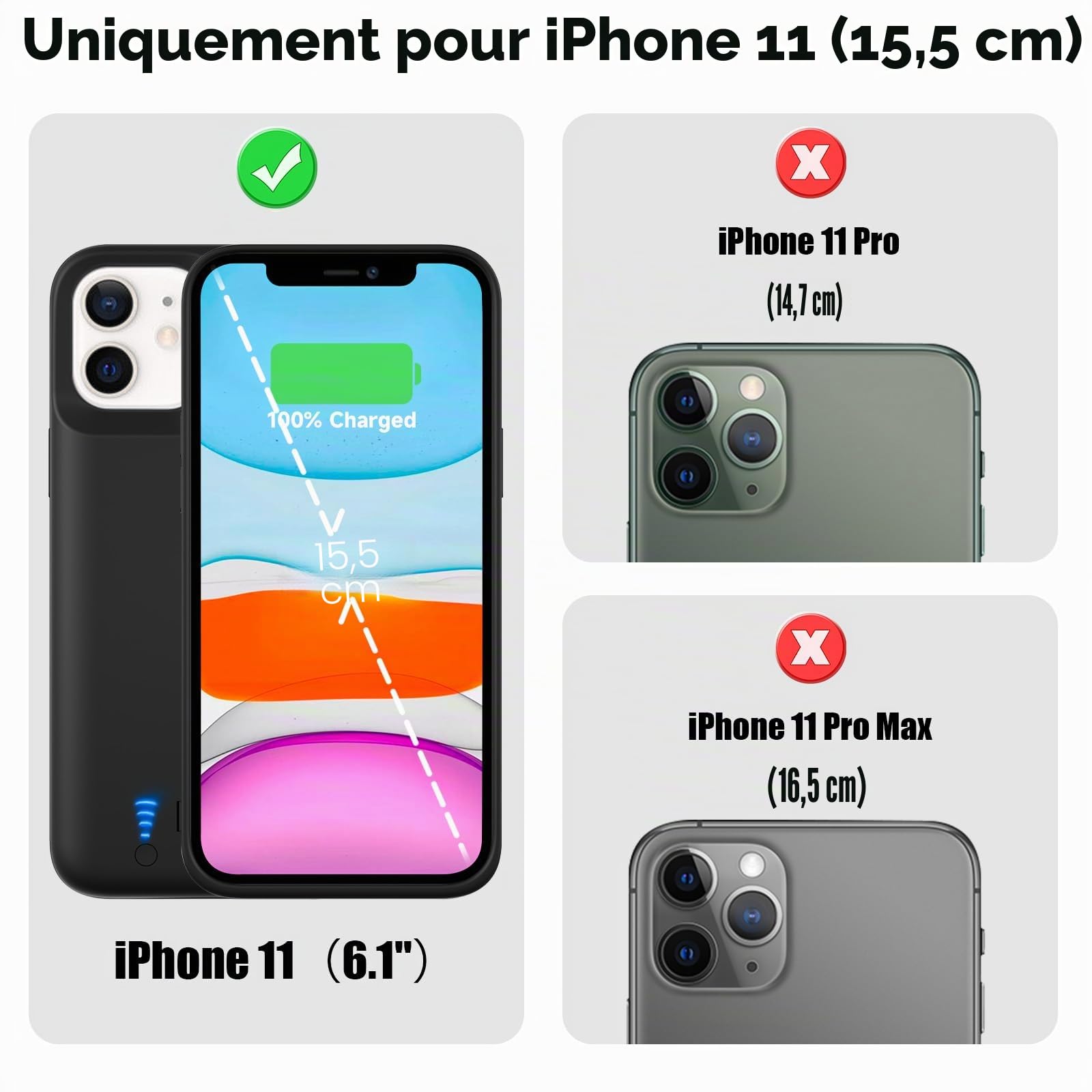 Coque de Batterie pour iPhone 11, Véritable étui de Charge Fin Rechargeable de 8500mAh, Coque de Protection Portable avec Batterie pour iPhone 11, 6,1", Noir