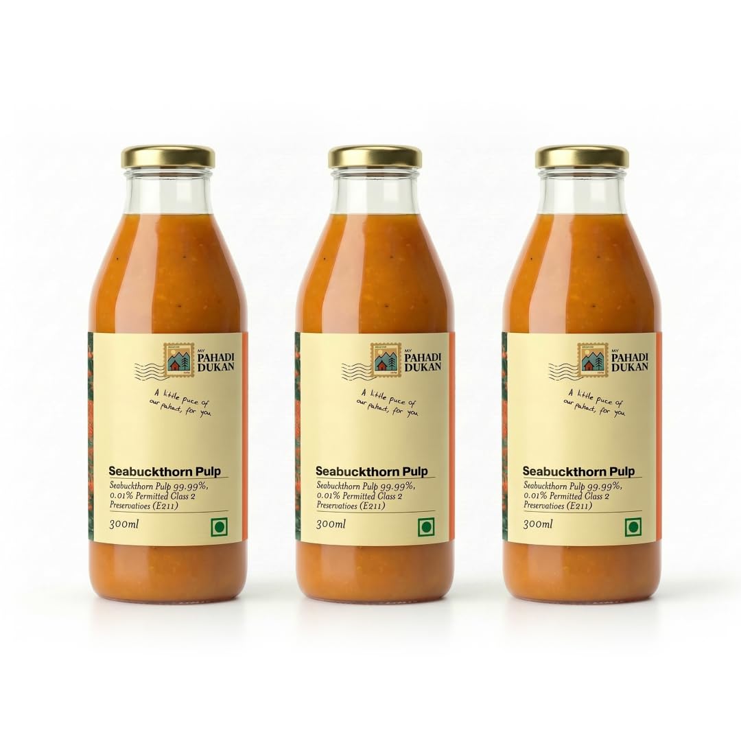 My Pahadi Dukan Pure Himalayan Sea Buckthorn Pulp 900ml, Organic, Omega 3 6 7 9 and Natural Vitamin C, Builds Immunity, Enhances Skin Glow, Supports Heart and Gut Health, Herbal Supplement, Tested