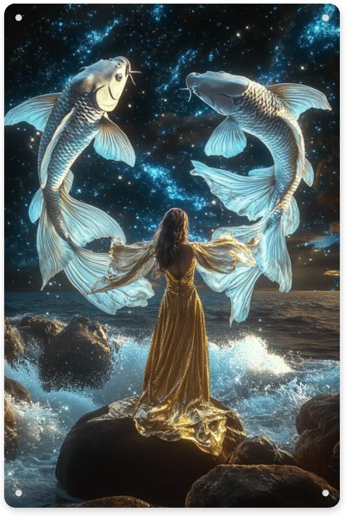 Pisces Metal tin sign,Pisces goddess in golden dress with twin fish & starry sky, ethereal wall art wall decor home Aluminum poster for zodiac fans, Easy to hang tinplate 6x8 inch
