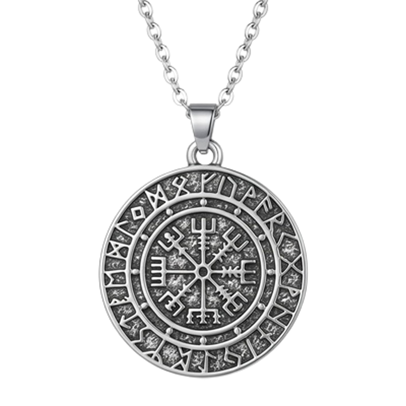Stainless Steel Viking Compass Pendant Necklace Vegvisir Norse Rune Amulet with 18 Inch Cable Chain Round Nordic Symbol Jewelry 34x34mm Polished Accessory.|RR_CSN_0019-image-15
