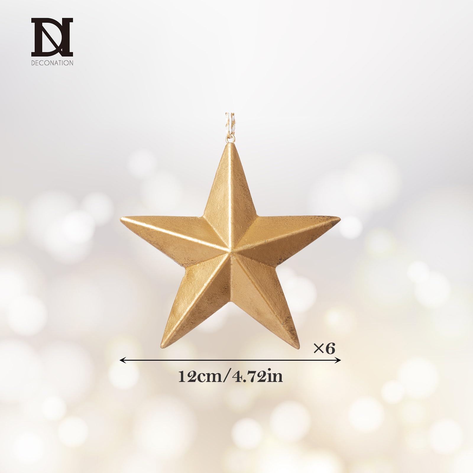 DN DECONATION Lot de 6 décorations de sapin de Noël - En bois doré - Pendentif étoile 3D - Décoration pour sapin de Noël - Couronne de table - Décoration intérieure - Décoration de mariage d'hiver