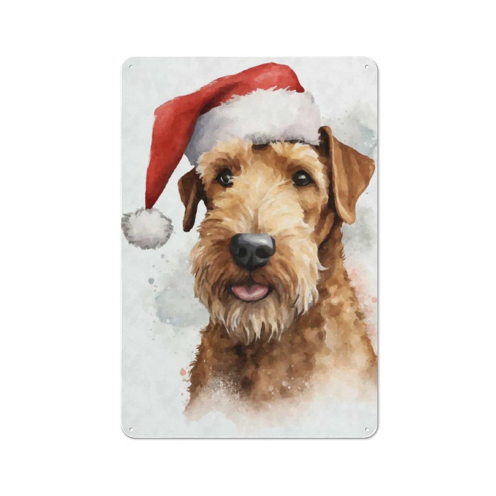 Junmoney Airedale Terrier Santa Hat Retro Metal Plaque 30X20cm For Garage Or Workshop, Housewarming Wall Decor For People Furnishing Garage And Workshop