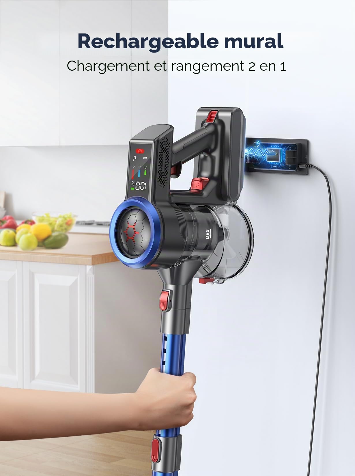 BuTure VAC Aspirateur sans Fil 450 W/38000 Pa, Charge Murale, 55 Min, Puissant Balayage électrique sans Fil avec écran Tactile Intelligent et Anti-Vent, 1,5 L pour sols, Tapis, Animaux