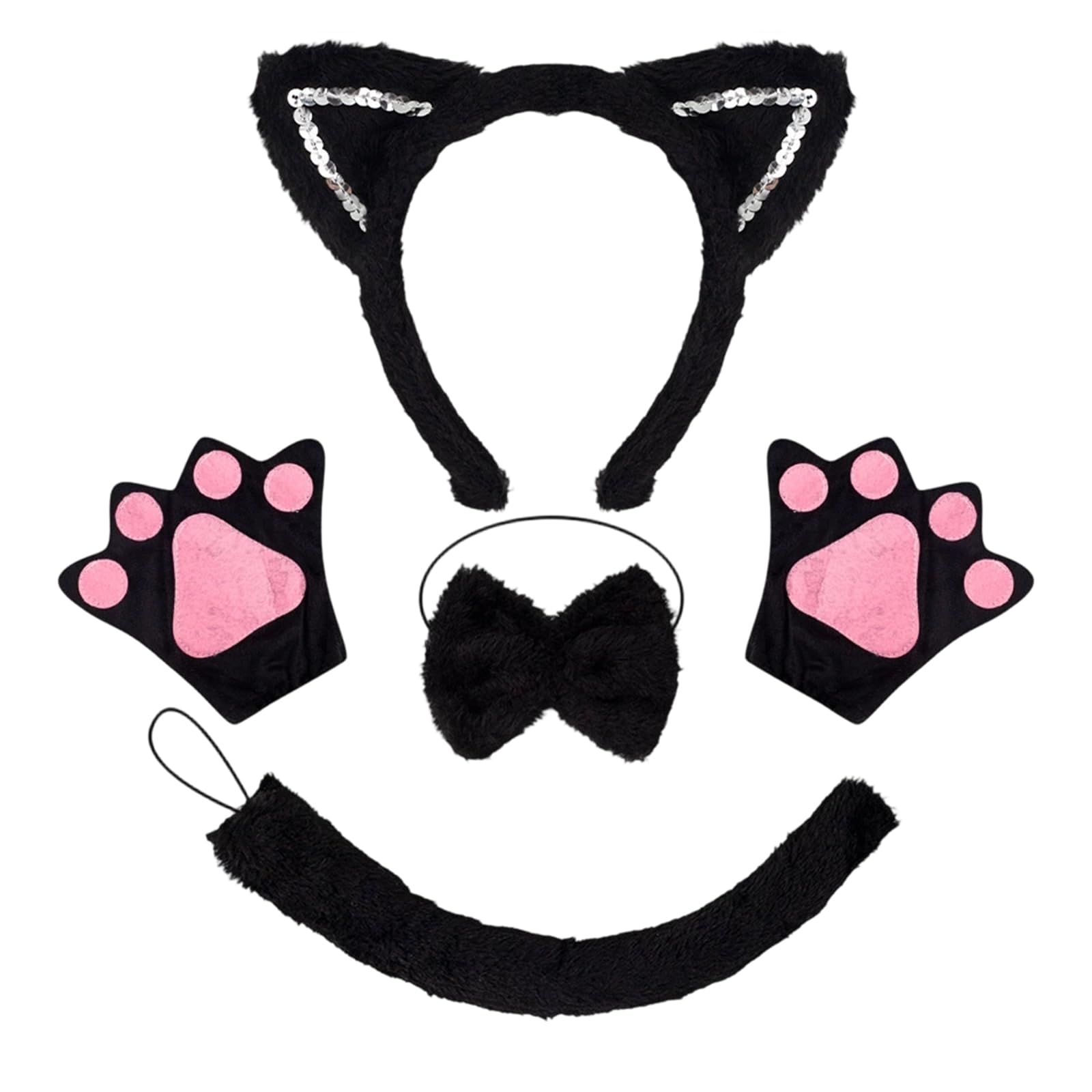 WSOAFVK 4 Piece Black Cat Fancy Dress Set, Ears Headband, Tail, Bow Tie, Paw Gloves, Complete Cosplay Accessories for Halloween Party, Role Play, Black