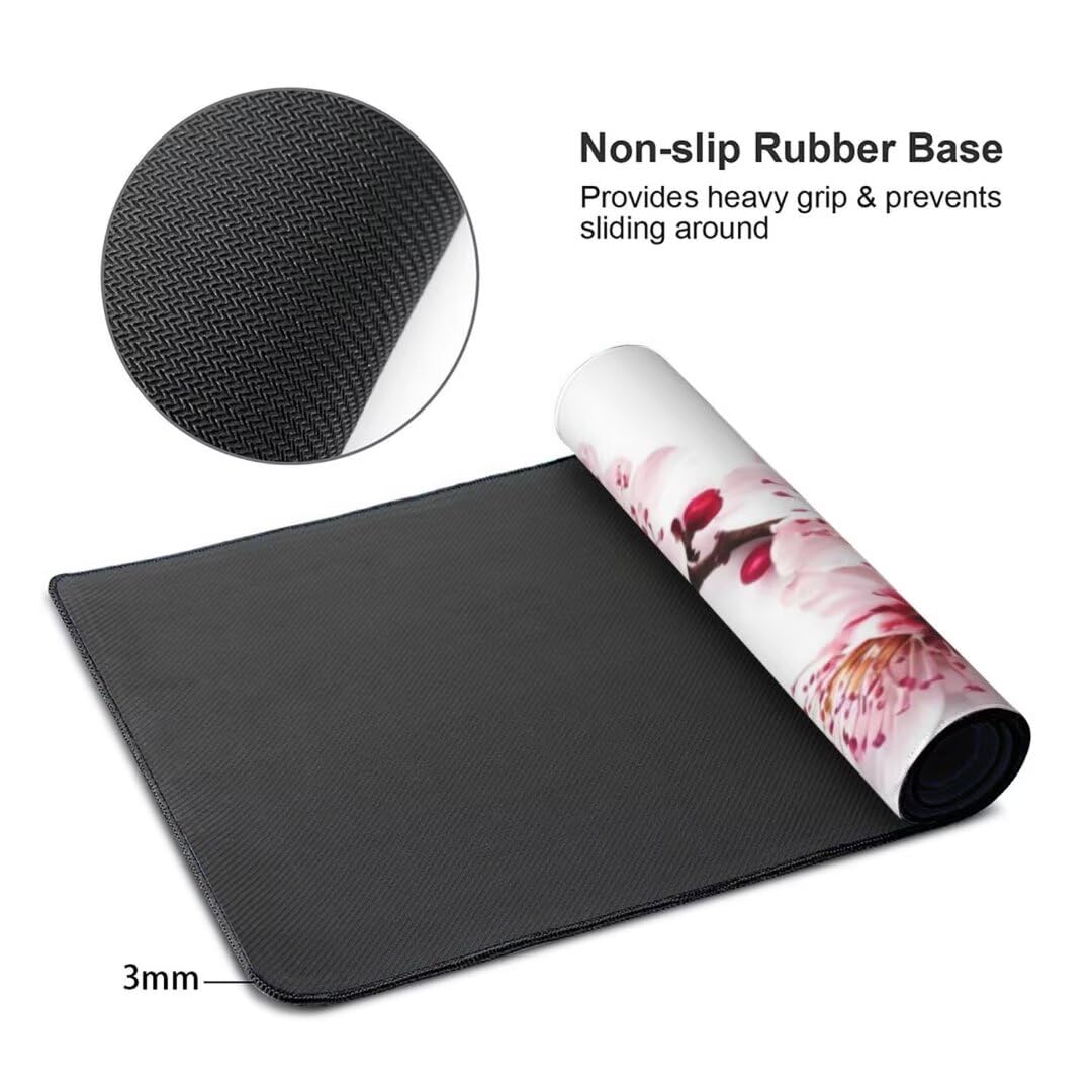 Alfombrilla de ratón 1400x600x3 MM, Alfombrilla Ratón XXL Extendida de Gran Tamaño con Bordes Cosidos, Base de Goma Antideslizante Almohadilla para Teclado, Flores de Cerezo Rosas S-4043