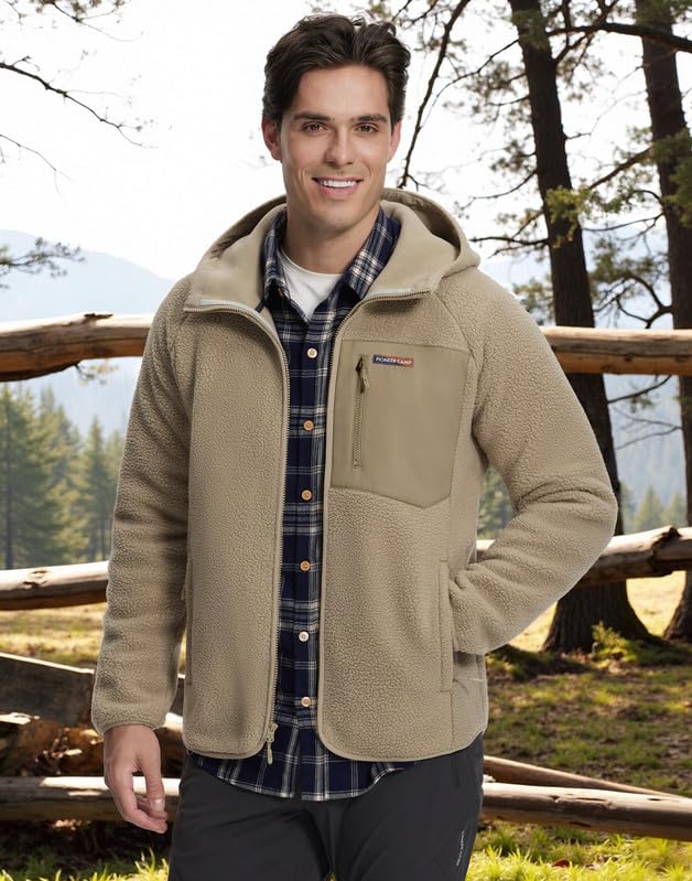 Pioneer Camp Giacca in pile da uomo con cappuccio, calda, traspirante, con chiusura lampo, per attività all'aria aperta, con 5 tasche, per escursioni, trekking