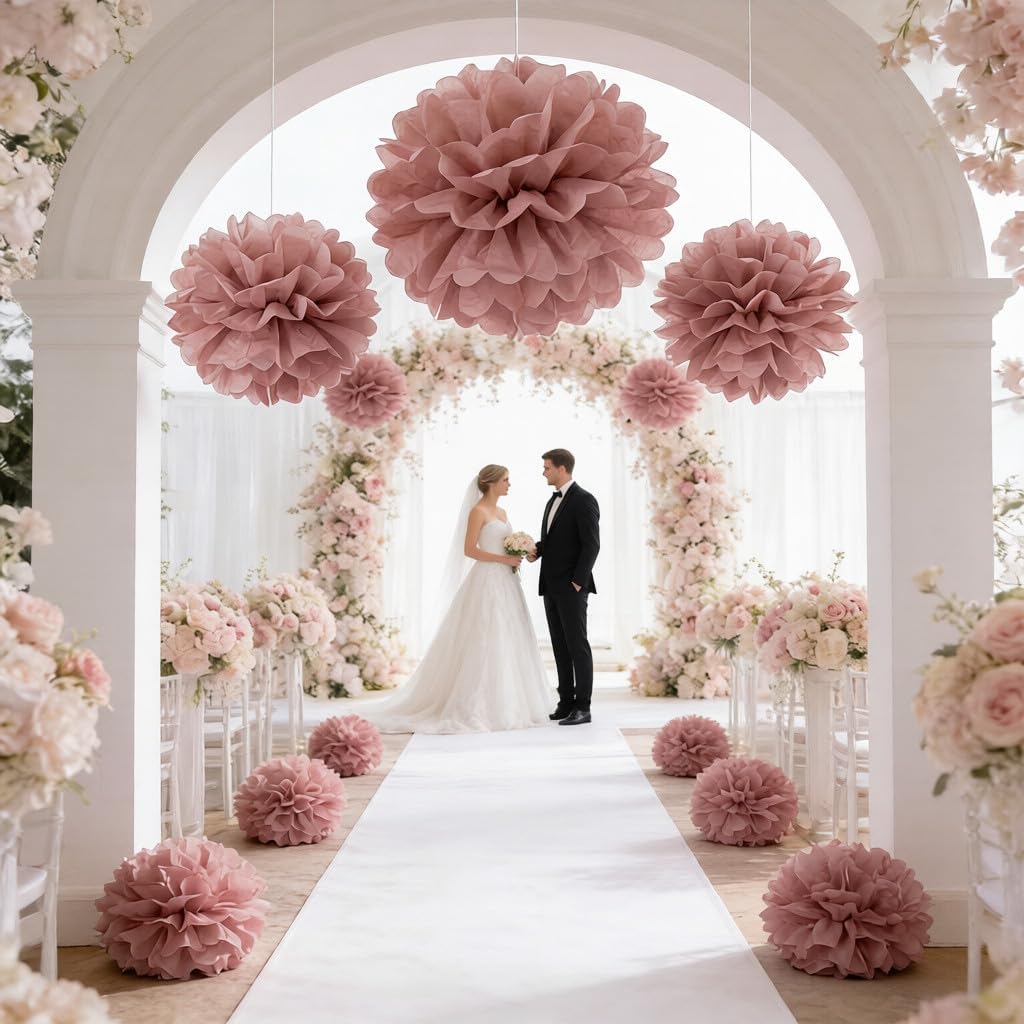Set of 9 Dusty Rose Tissue Paper Pom Poms, 12" & 10" Mixed Hanging Fluffy Flowers Decorations for Wedding Arch, Baby Shower Backdrop, Bridal & Birthday Party Decor | Premium Value Set