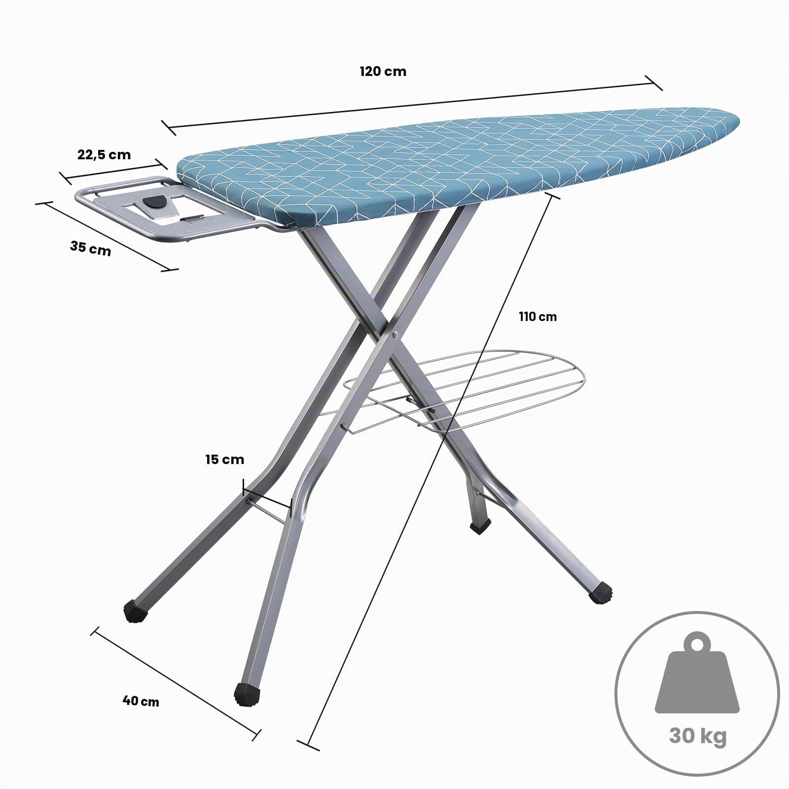 DEWINNER Asse Da Stiro Pieghevole 120 x 45 cm,Fodera Geometrica Alla Moda In 100% Cotone,Chiusura Sicura, 7 Livelli Di Regolazione Dell'altezza (Bleu géométrique, 120 * 45CM)