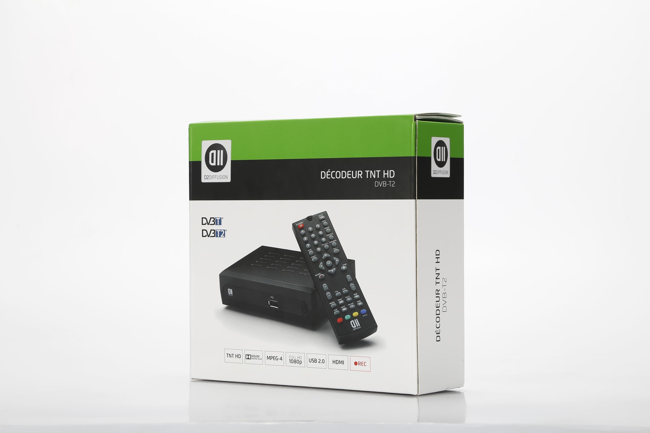 D2 Diffusion Décodeur TNT Full HD -DVB-T2 - Afficheur - Compatible HEVC265 - Récepteur/Tuner TV avec Fonction enregistreur (HDMI, Péritel, USB, Dolby Digital Plus) - Noir