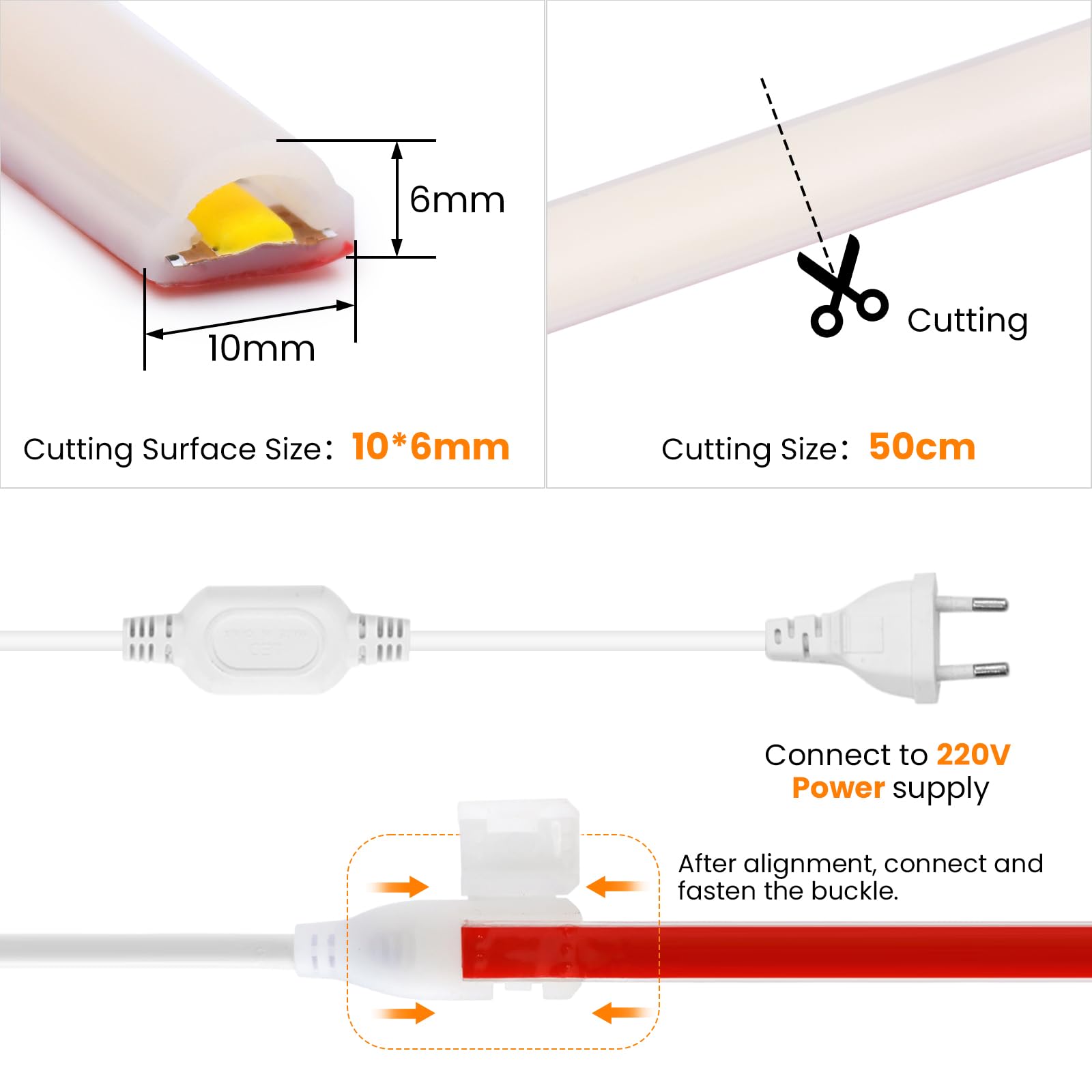 AC220-240V Neon LED Streifen Selbstklebend, 8M 288LEDs/m Superhell Flexible FCOB LED Leuchtband (Schnitt alle 50cm), IP65 Warmweiß COB LED Band mit Stromkabel für Weihnachten, Party-Deko
