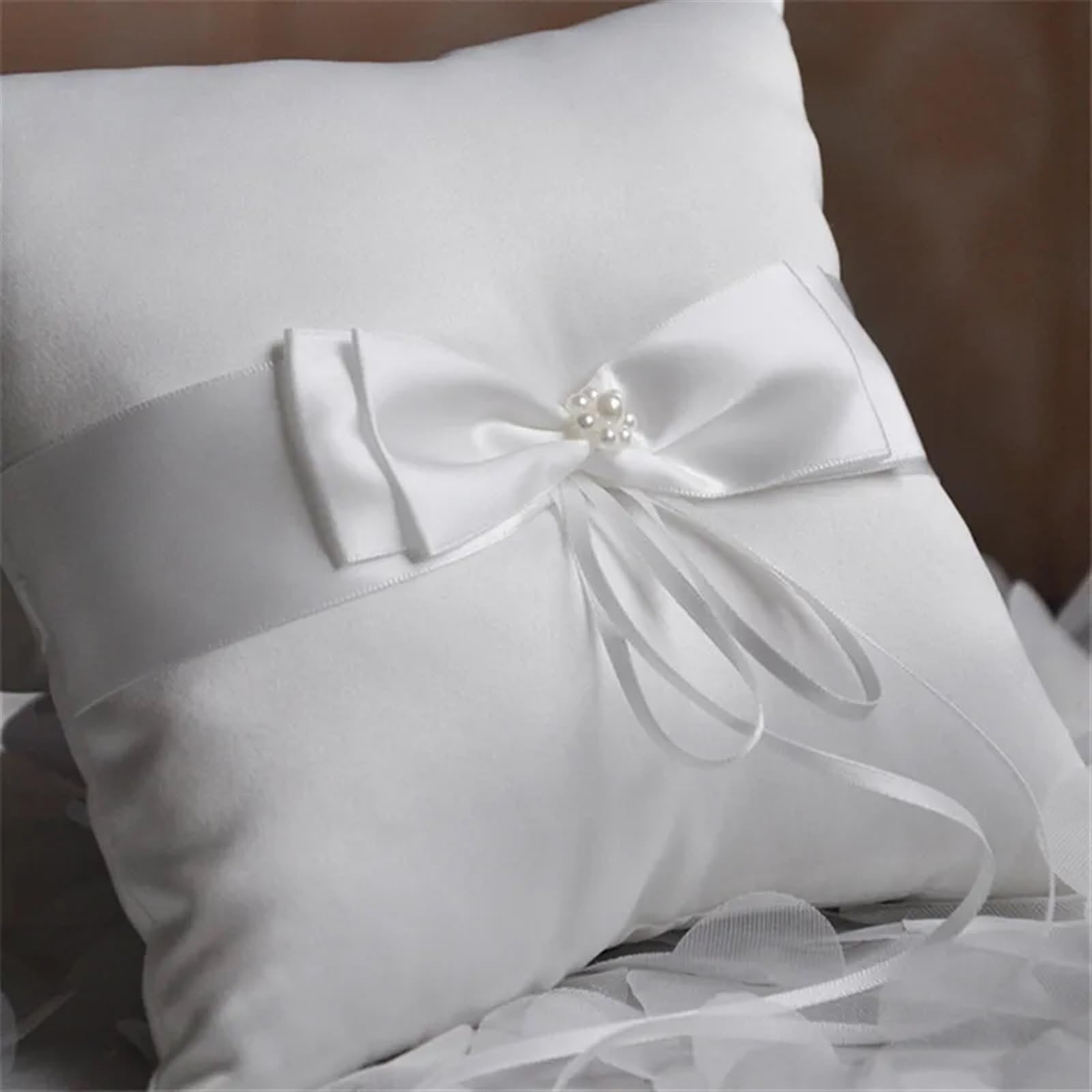 Ringkissen Hochzeit Ringkissen Ringdeko Band Perlen Braut Trauung Zeremonie Tasche Kissenträger mit Bändern für Verlobung Oder Eheringe Party, Antrag(Pillow 20 x 20cm)