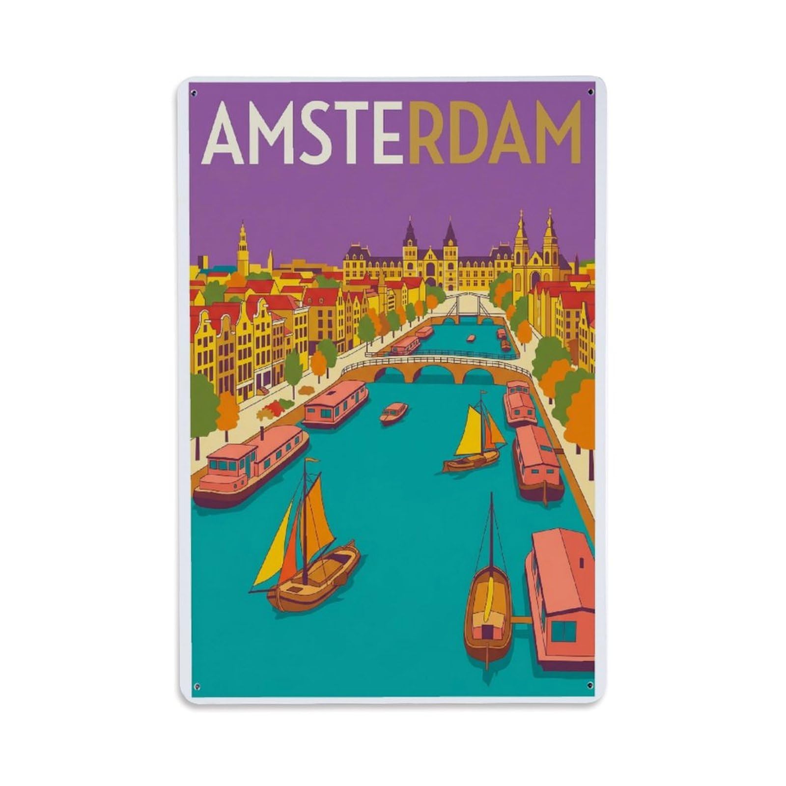 Vintage Travel Amsterdam Netherlands Excellent Metal Tin Sign