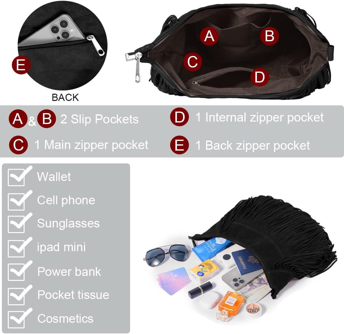 Sunwel Fashion Women Fringe Hobo Bag Western Purse Shoulder Bag Vegan Suede Tassel Hippie Crossbody Bag - Image 3