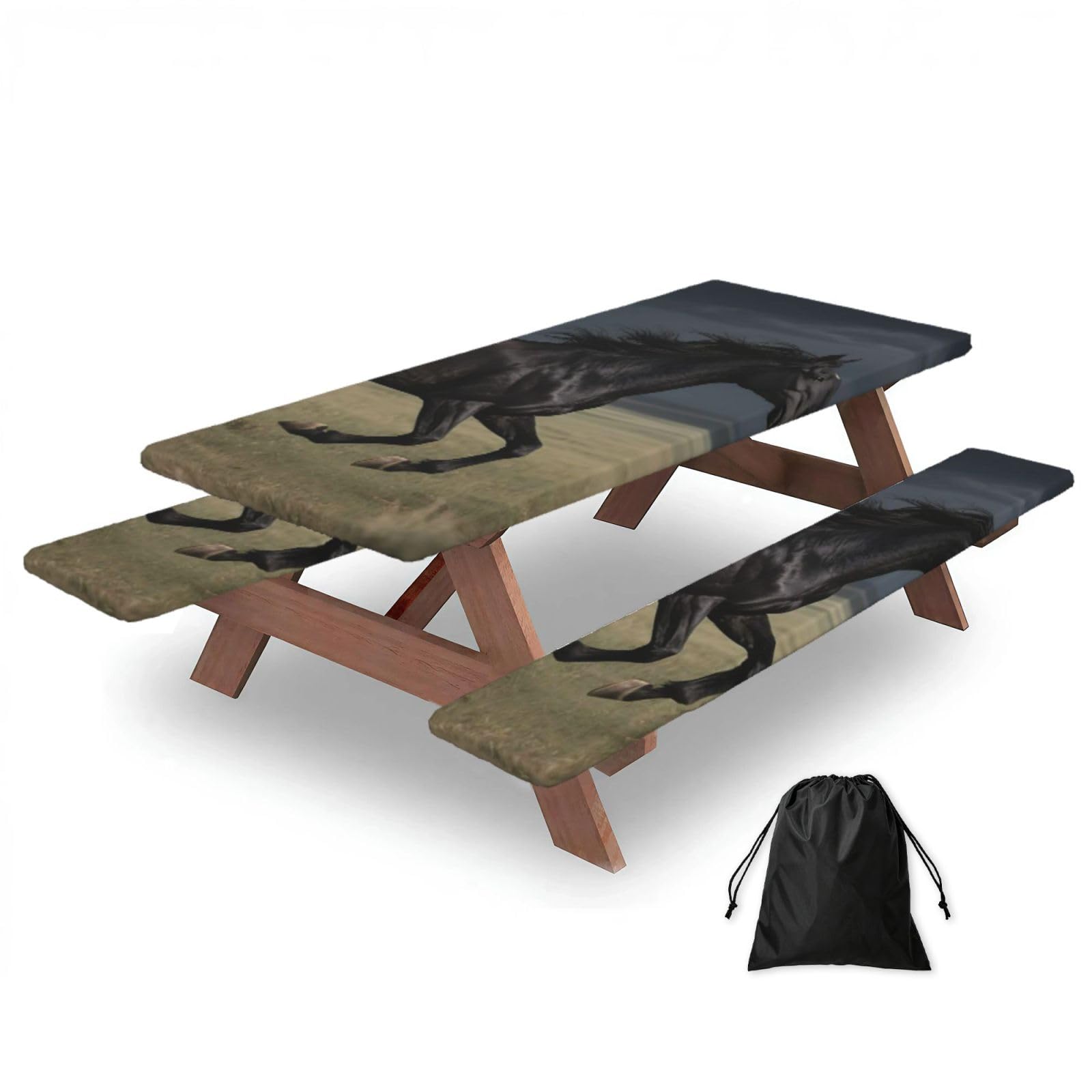 FekiLoot Horse Picnic Table Cover with Bench Covers and Bag, Windproof Waterproof Rectangle Tablecloth with Elastic Edges Fitted Camping Table Covers for Picnic Party Travel