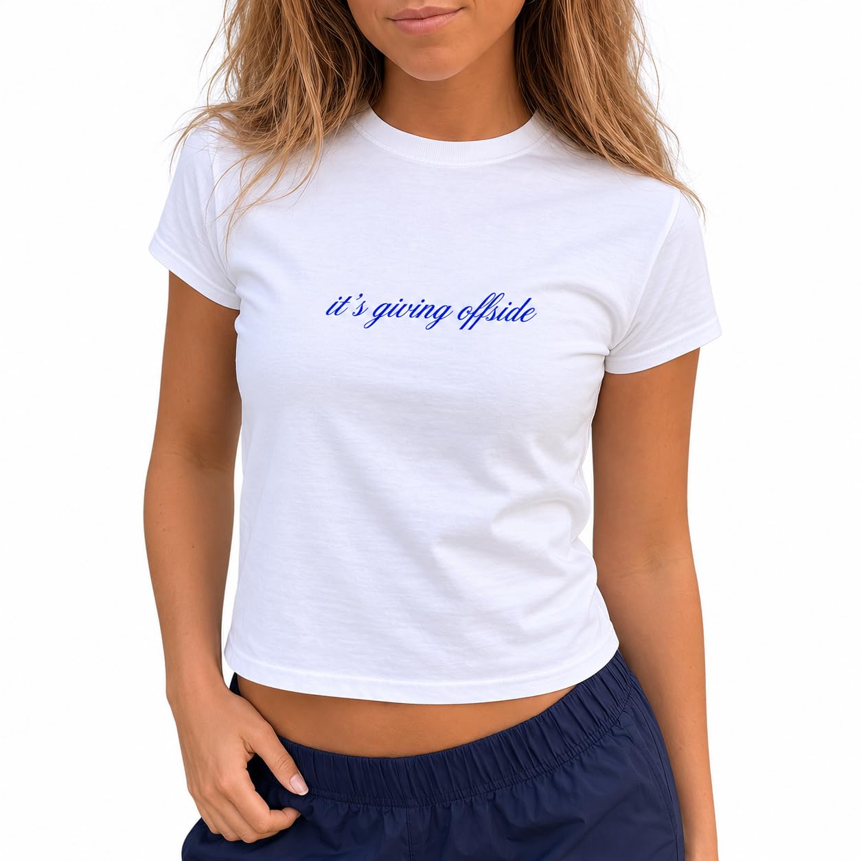 Sanfran Clothing It's Giving Offside Baby Tee T-Shirt Top World Football Shirt England Scotland Country Team 2026 Soccer Womens Flag Varsity Shirt White (Blue Text) - Small