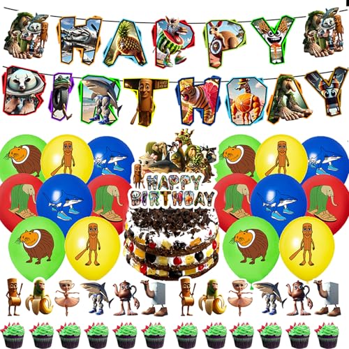 Yoimckay Decorazione per Feste di Compleanno a tema Tung Tung Tung Sahur, con Striscione, Palloncini, Topper per Cupcake, Happy Birthday Decorazioni, brainrot compleanno, kit festa brainrot
