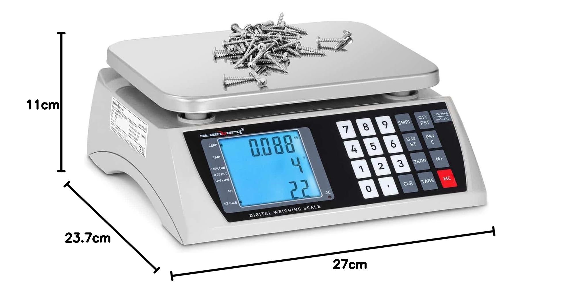 Steinberg Systems Balanza Cuentapiezas 30 kg / 1 g 22 x 17 cm Batería 72 h LCD Balanza Digital Piezas Inventario Pesaje Electrónico