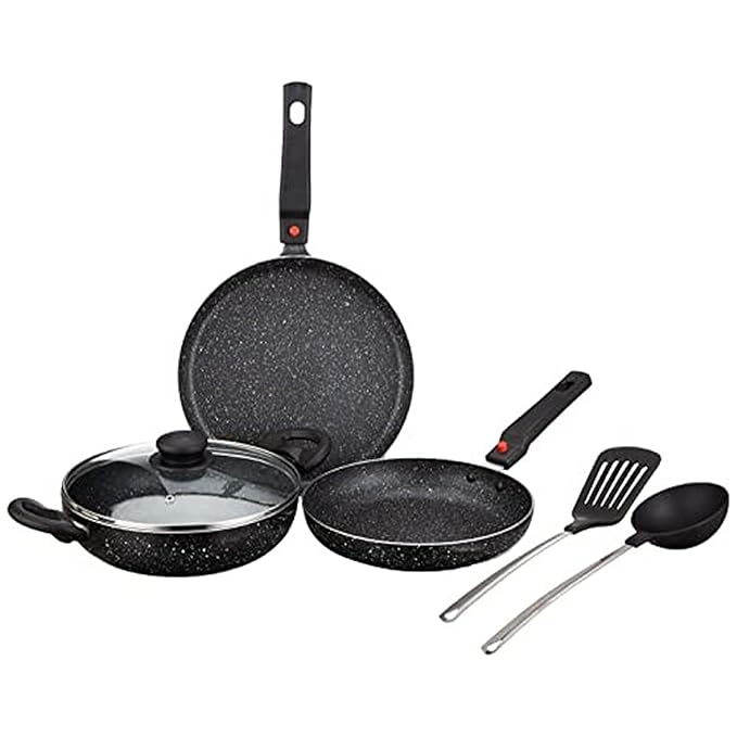 Solimo Aluminium 6 Piece Non-Stick Cookware Set with Detachable Handle| Granite Finish | Induction Base | Pfoa Free | HTR Exterior Coating | Black