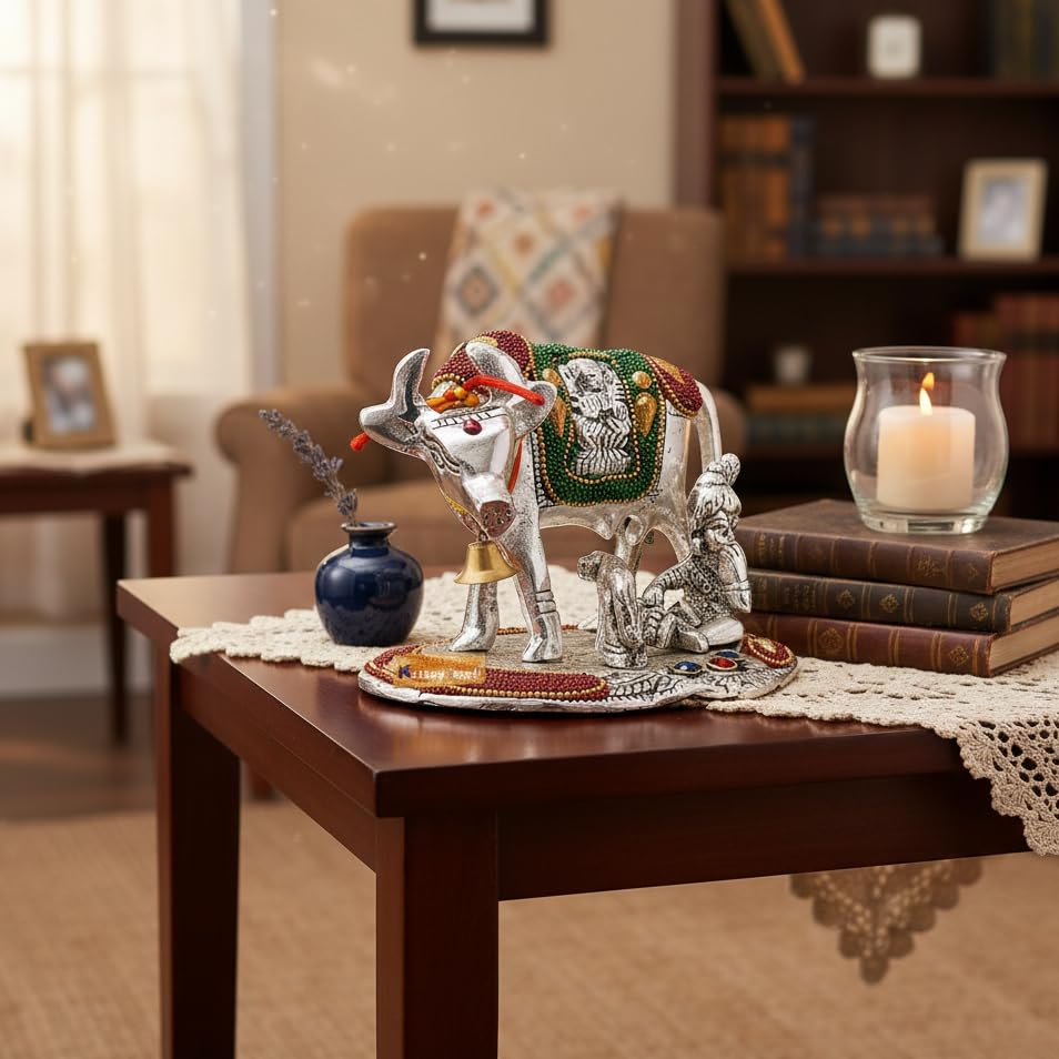 Image of KridayKraft Kamdhenu Cow,Calf with Bal Gopal Krishna Metal Statue for Good Luck,Feng Shui As Table Top Figurine,Vastu,Religious Gau MATA Idol Home,Office&Table Decorative,Animal