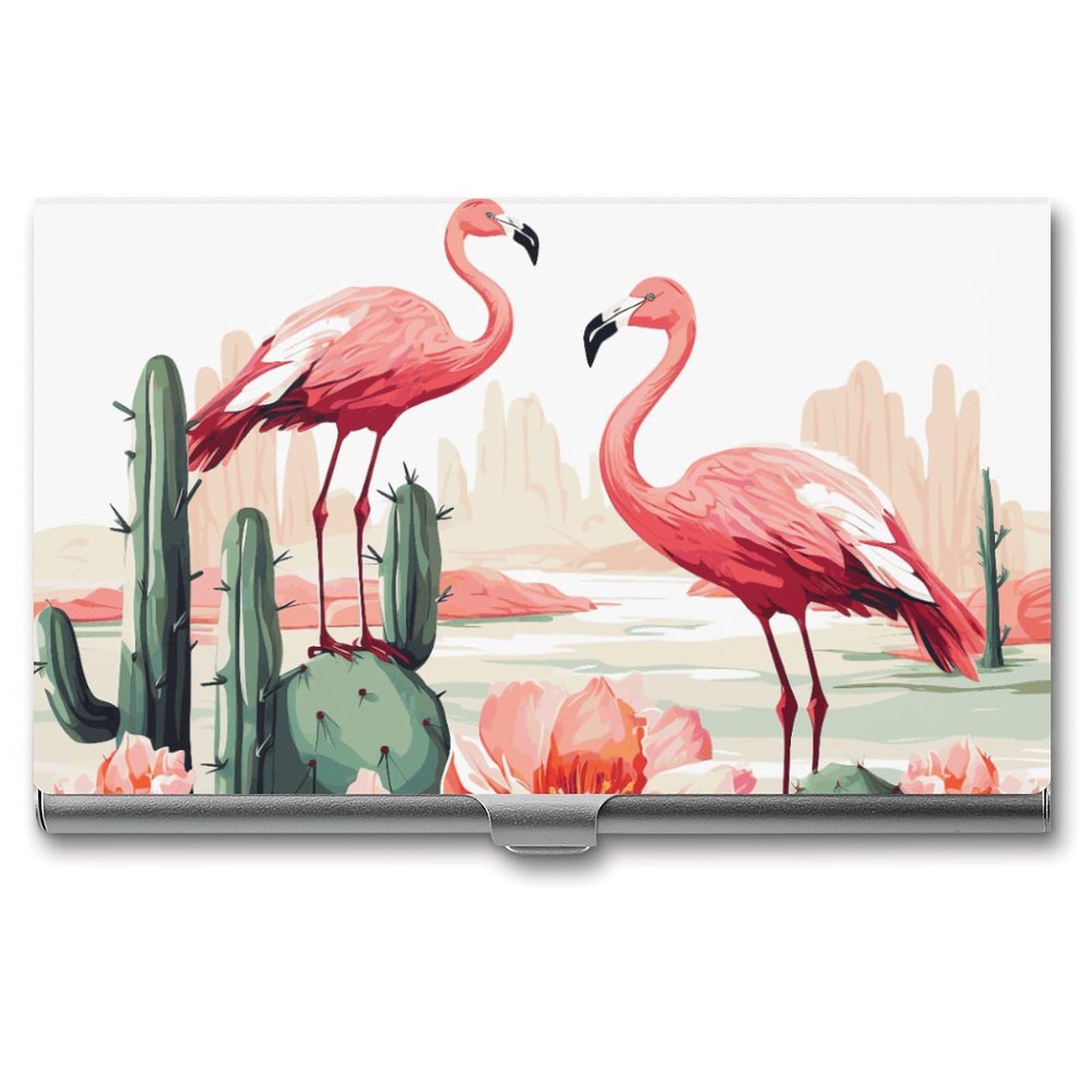 BTCOWZRV Cactus Flamingo Rose Flowers Business Card Holder Metal Slim Business Card Case, Pocket Card Holder for Men Women Purse Name Card Holder Stainless Steel Wallet Credit ID Case for Office
