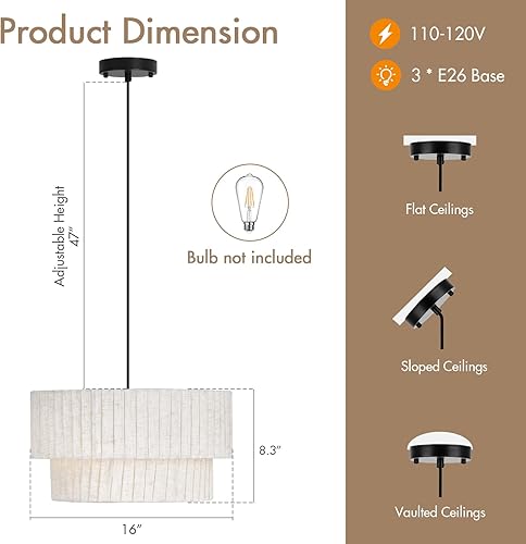 Miniatura 2 de Lámpara de araña moderna de 16 pulgadas, tiras de lino en capas, lámpara colgante colgante de luz rústica regulable para comedor, isla de cocina,