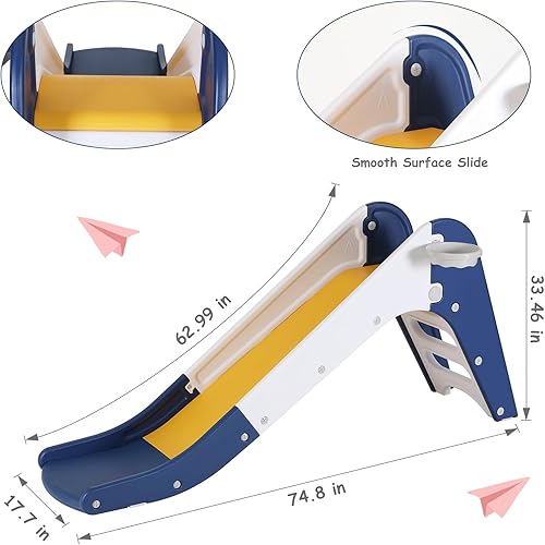 Miniatura 3 de Arlopu Tobogán independiente para niños, escalador de tobogán para niños pequeños con aro de baloncesto y pelota, juego de bebé con pendiente larga,
