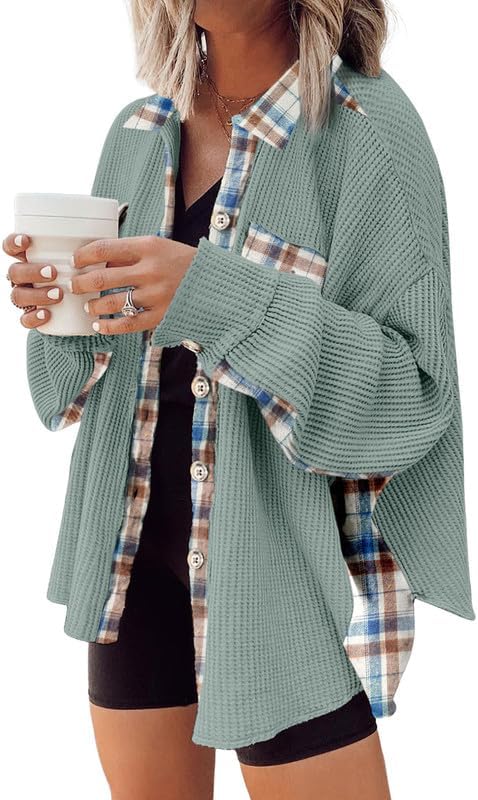 SHEWIN Womens Waffle Knit Plaid Shacket Boyfriend Button Down Shirt Jacket Loose Long Sleeve Tops