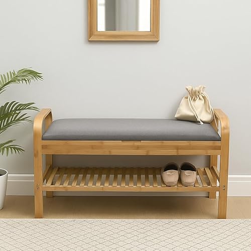 Miniatura 6 de Proman Products Cambridge - Banco de zapatos de bambú con almacenamiento de zapatos y cojines, natural