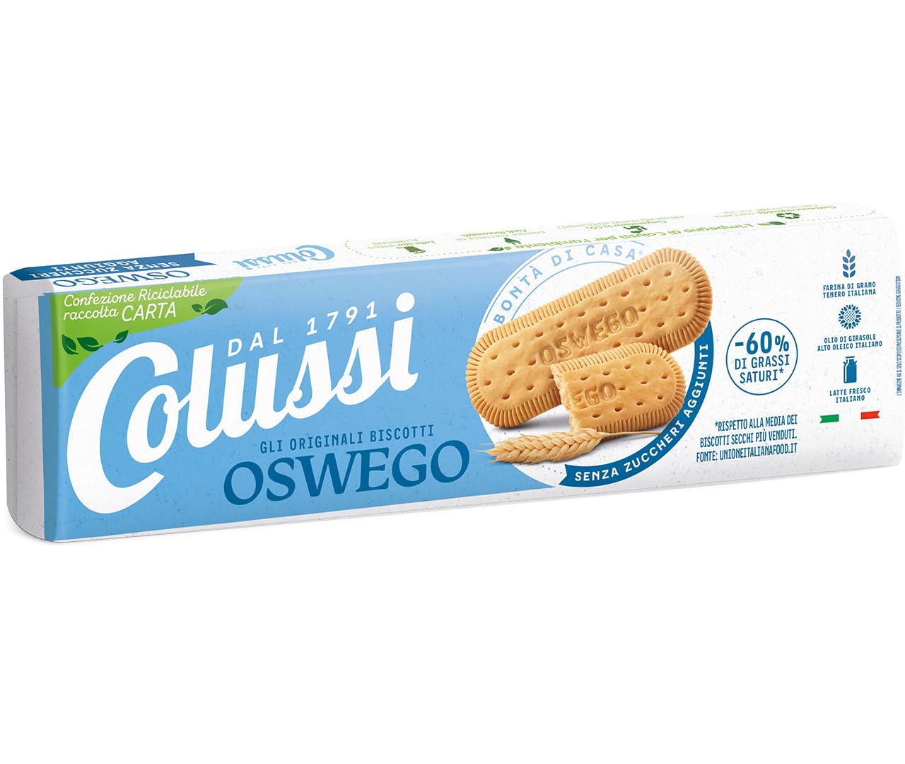 Biscotti Oswego Secchi Senza Zuccheri Aggiunti Gli Originali, Biscotto Frollini Secchi per colussi 250g [BOX da 8 Confezioni]