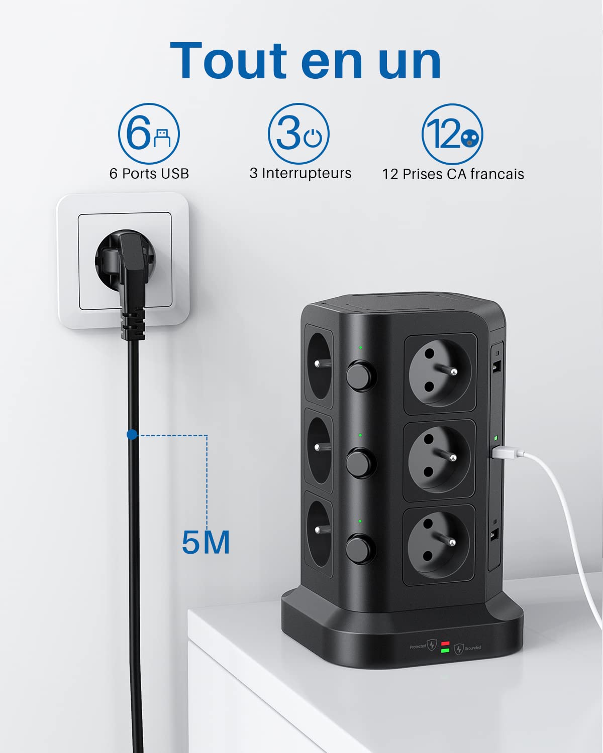 KOOSLA Frankreich Steckdosenleiste, 12 Fach, 6 USB, 2M, Schwarz | 12 Typ E Steckdosen, 6 USB, 4000W/16A, Überspannungsschutz, Büro, Zuhause, Frankreich