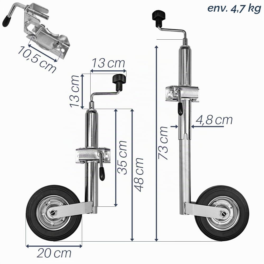 Trucky Roue Jockey pour remorques et caravanes avec Support de Serrage, diamètre 48 mm