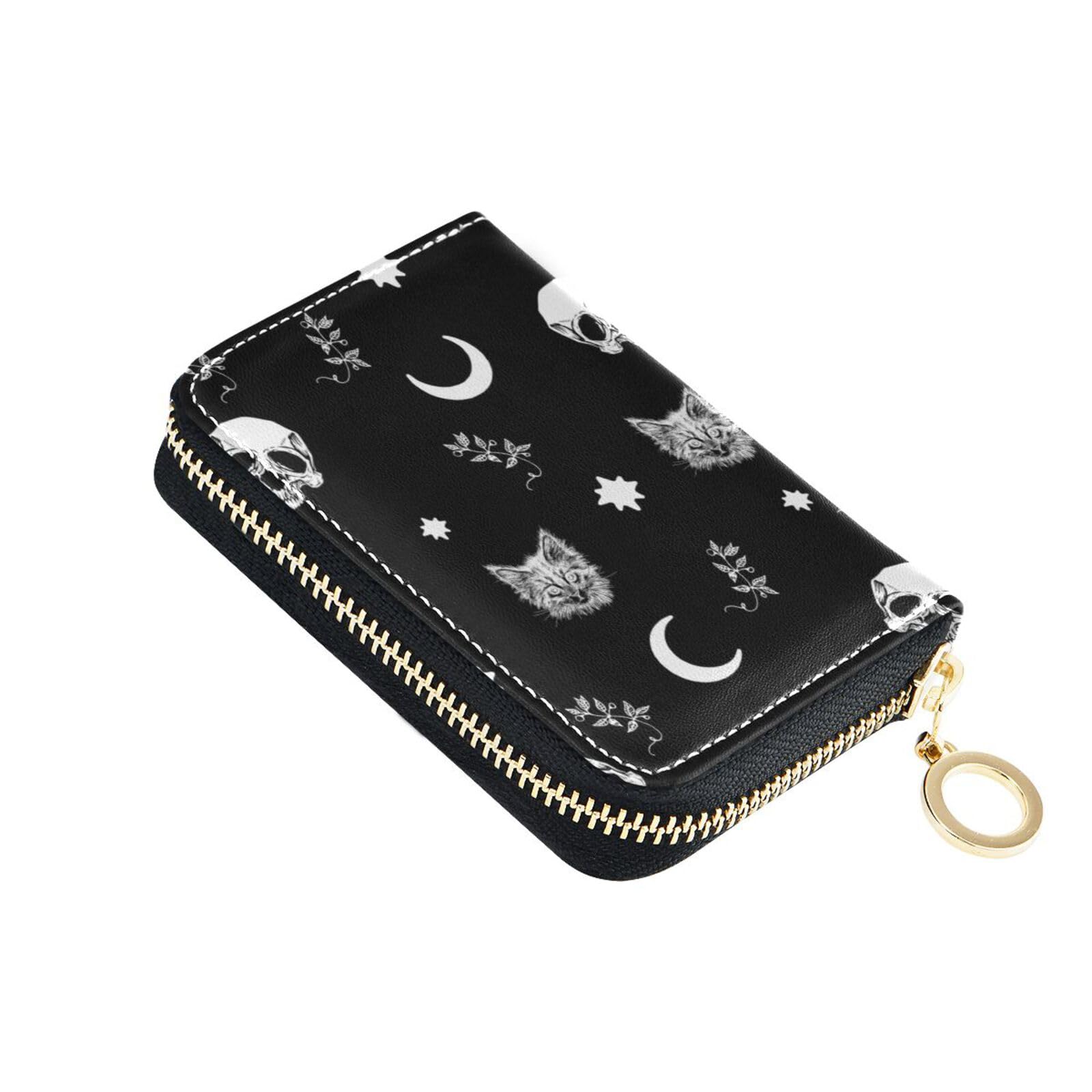 NCRJCZQL Gothic Skull Cat RFID Credit Card Holder Wallets Accordion for Women Leather Zipper Card Case Accordion Wallet for Ladies Girls