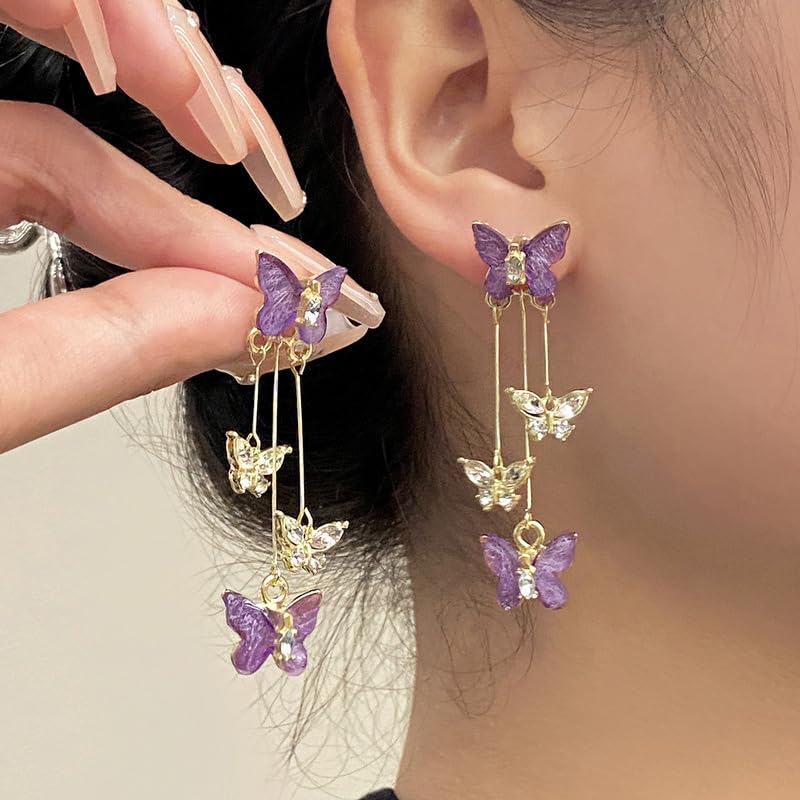 Purple Butterfly Tassel Style Zircon Earrings for Women Crystal Rhinestone Drop Earrings Long Butterfly Dangle Earrings Wedding Jewelry Gifts for Women3