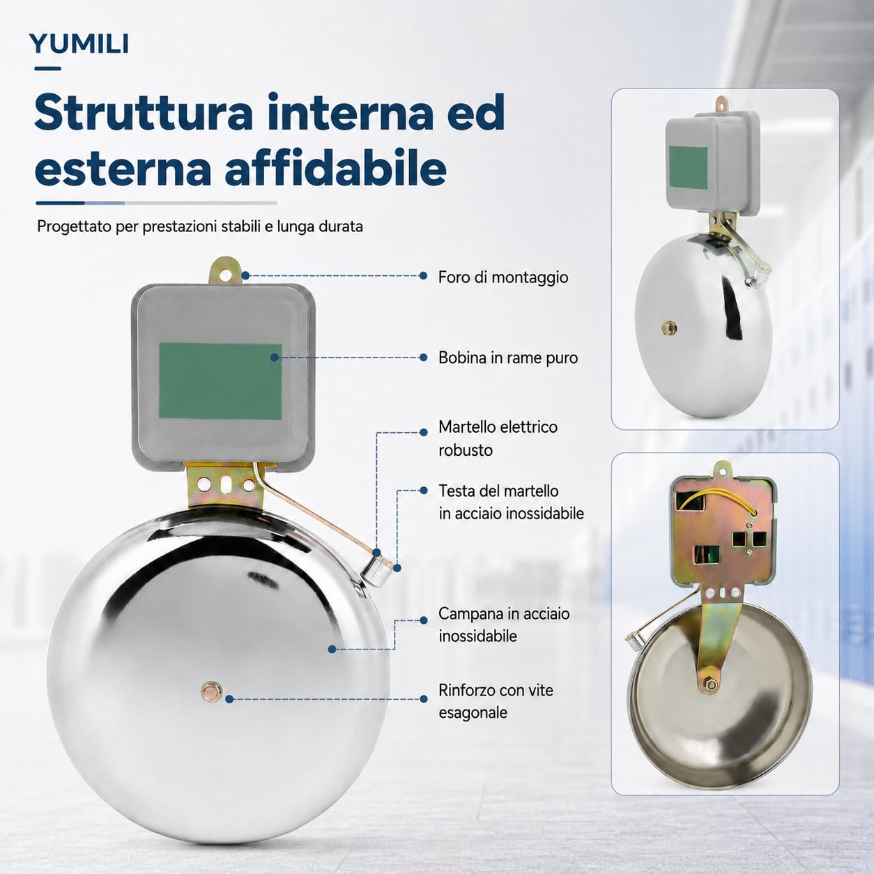 Campanello Elettrico ad Anello Temporizzato, Campanello Elettrico Antiscintilla Tipo a Percussione Esterna in Acciaio Inossidabile Campana Scolastica 150mm AC220V